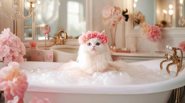 A white cat wearing a flower crown sits in a bubble bath. 