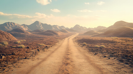 Naklejka premium Ai generated illustration of an animated dirt road between desert mountains. Rocky Mountain Trail. Illustration