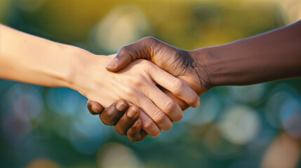 Diverse Handshake Symbolizing Agreement, Deal, Partnership, and Friendship Between Black and White Individuals, Emphasizing Multiracial Unity and Cooperation.