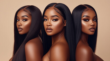 Portrait of Three Black Women with Long, Wavy Straightened Black Hair, Nude Makeup, Lashes Extension in Beige Studio, Glamourous and Sensual African American Females.	