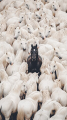 Black Horse in a Sea of White: A solitary black horse stands out amidst a vast herd of white horses, evoking a sense of individuality, resilience, and the beauty of contrast.