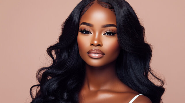 Portrait of Elegant Black Woman with Long, Wavy Straightened Black Hair, Nude Makeup, Lashes Extension in Mocha Beige Studio, Glamourous and Sensual African American Female.	
