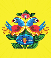 a colorful rickshaw painting, and a folk design with a yellow background. Pakistani and Indian truck art