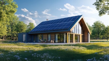 A solar-powered home nestled in the countryside, with energy-efficient windows and modern architecture.