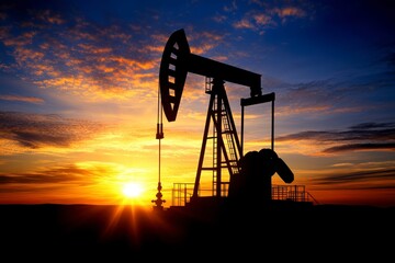 Oil Pump Sunset, silhouetted rig against vibrant orange and blue sky, capturing industry and natural beauty.
