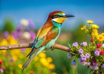 Fototapeta premium The elegant European Bee-eater, set against a vibrant natural backdrop, is beautifully presented in this stunning panoramic photography, highlighting