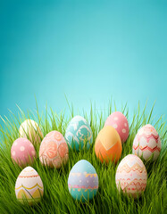 Fototapeta premium A group of brightly colored Easter eggs decorated with various pastel patterns sits neatly on lush, green grass. The eggs are adorned with delicate floral and swirling designs