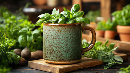 Fresh basil plants in a green mug with other herbs on a wooden cutting board.