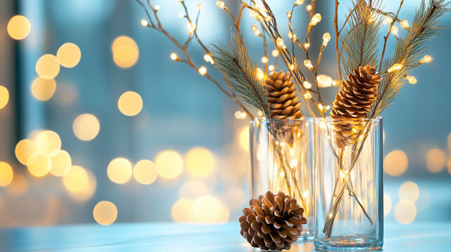 DIY Eco-Friendly Christmas Table Decoration with Pinecones, Fir Branches, and Fairy Lights in Vase by Window, Winter Nature-Inspired Festive Setup, Copy Space. - Powered by Adobe