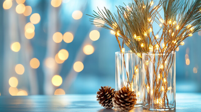 DIY Eco-Friendly Christmas Table Decoration with Pinecones, Fir Branches, and Fairy Lights in Vase by Window, Winter Nature-Inspired Festive Setup, Copy Space.