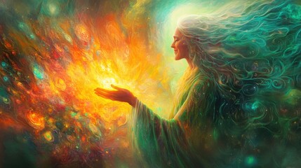 A heartwarming scene featuring a wise figure with long hair, joyfully embracing a community, against a backdrop of vibrant colors and uplifting light.