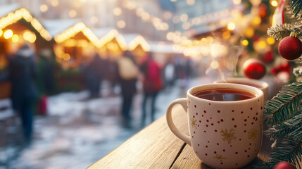 Hot Mulled Wine, Two Gluhwein in a Mug on a Christmas Market Outdoors, Warm Winter Beverage, Punch, Tea for Christmas Season.