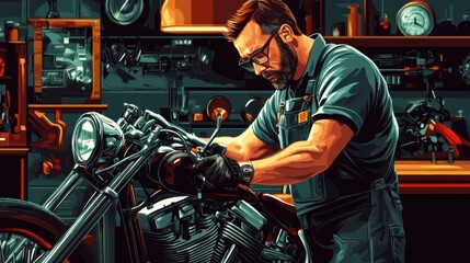 Fototapeta premium A tall white male mechanic with glasses, repairing a motorcycle engine in a custom bike shop.