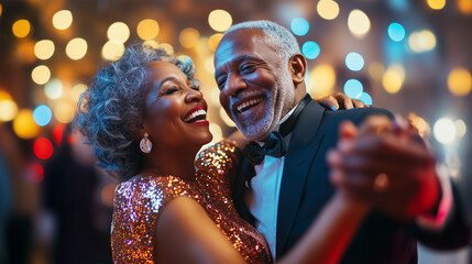 Mature Black Couple Dancing in Nightclub, New Year's Eve or Carnival Party, Funny Celebration with Love, Happy Aging.