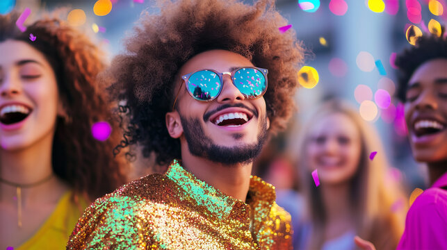 Group of Young People Dancing in Nightclub, New Year's Eve or Carnival Party, Fun Prom Celebration with Happy Friends, Party Streamers and Confetti.