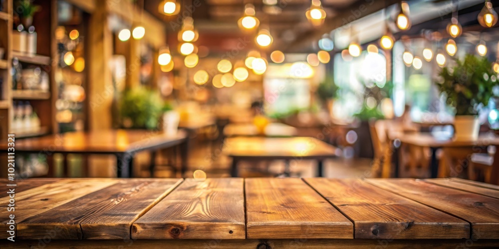 Poster empty wooden table with blurred background of a cozy cafe with warm lighting and natural elements