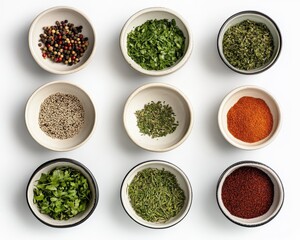 Assorted spices and herbs in bowls, enhancing culinary flavors with vibrant colors and diverse textures.
