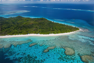 Obraz premium Aerial Drone View of Beautiful Beach with Clear Turquoise Lagoon Water, Lush Green Palm Trees, and Pristine White Sandy Beaches for Perfect Luxury Vacation Destination Travel and Adventure Experience