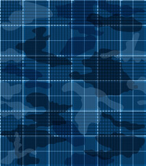 Blue camouflage seamless pattern with a textured plaid overlay. Army camo masking design. Military clothing style background.