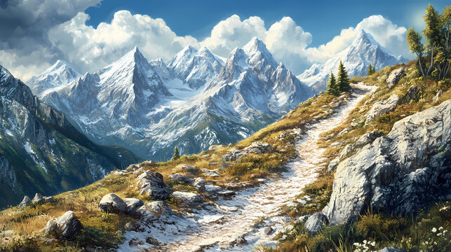 A rugged mountain trail winding through rocky terrain, with expansive views of snow-capped peaks and endless skies, an adventure seeker's paradise. Rocky Mountain Trail. Illustration