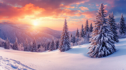 A stunning winter landscape shows snow-covered pine trees standing majestic on a mountain, illuminated by a colorful sunrise that casts a warm glow over the scene.