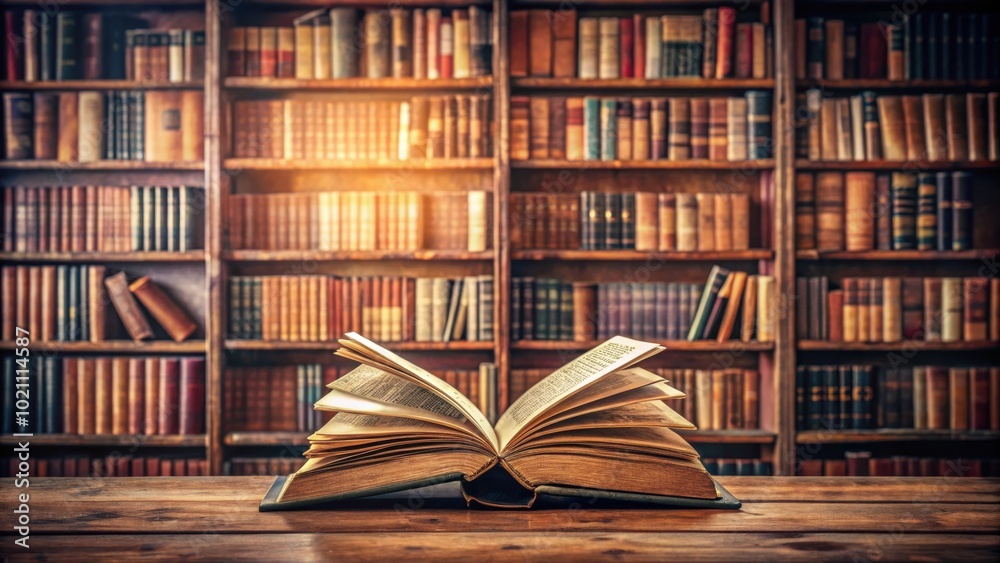 Aufkleber A Single Open Book Resting on a Wooden Table Against a Background of Bookshelves Filled with Hundreds of Books