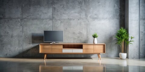 Minimalist living room with a sleek TV stand and a potted plant against a grey concrete wall