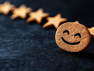Smiley face with wooden stars, dark background