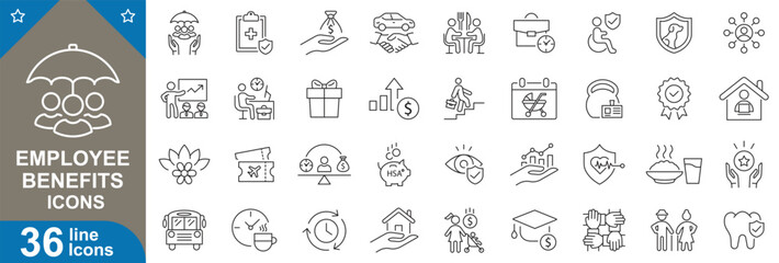 Employee benefits outline icons set. health insurance, retirement plan, remote work, gym membership, development and more. vector illustrator.