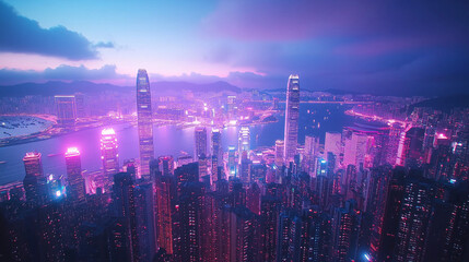 Obraz premium Panorama of the city at night, aerial footage, neon lights, aircraft flying through the city, colorful, tall buildings, flowing light, modern city, bustling night scene, bright streets, brilliant ligh