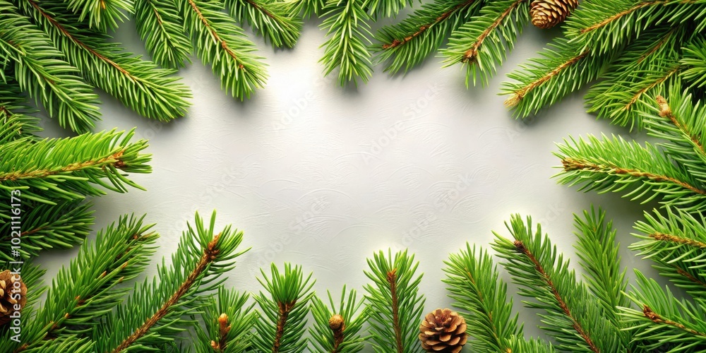 Poster a frame of lush green pine branches with brown cones arranged around a white backdrop, offering a fe