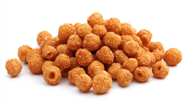 A tempting pile of round, crunchy roasted corn snacks, showcasing a delightful blend of texture and flavor in an arrangement that's snack-ready and mouthwatering.