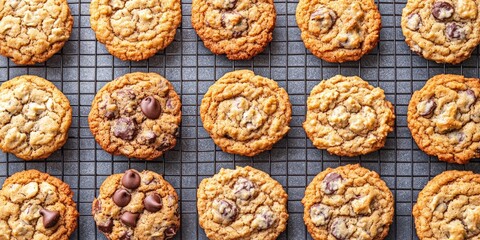 Fototapeta premium Freshly baked chocolate chip cookies on a cooling rack, golden and crispy.