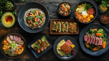 A vibrant display of gourmet dishes featuring a variety of fresh ingredients and colorful presentation.