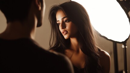 A South Asian female photographer with long dark hair, directing a model during a high-fashion photoshoot.