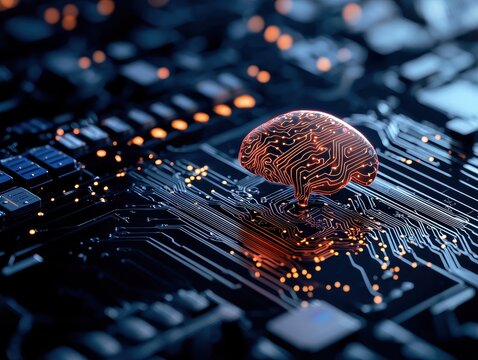 Artificial brain on circuit board background