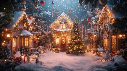 Upside-Down Christmas House with Surreal Floating Decorations

