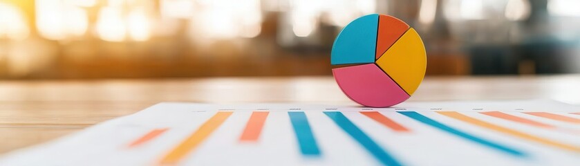 Fototapeta premium A colorful pie chart sits on a table, alongside printed graphs and charts, in a bright workspace suggesting analysis and data visualization.