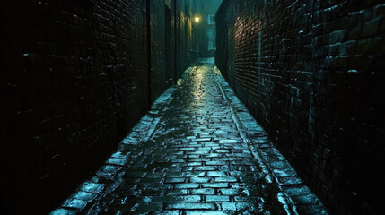 Dark, narrow alley with wet brick walls and a glistening ground reflecting a dim streetlight overhead.