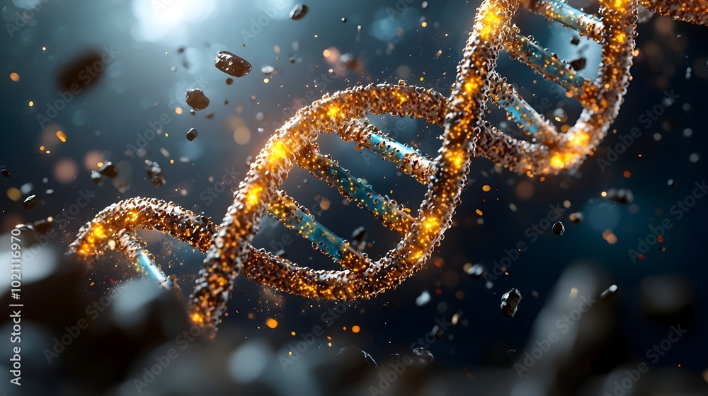 Poster glowing shimmering dna double helix structure set against a dark mysterious backdrop radiating with 