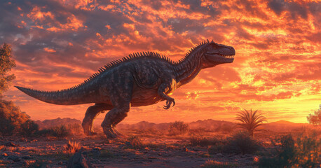 Fototapeta premium A Iguanodon standing tall, its thumb spikes visible as it prepares to defend itself, the dramatic colors of the sunset creating a striking backdrop in the desert.