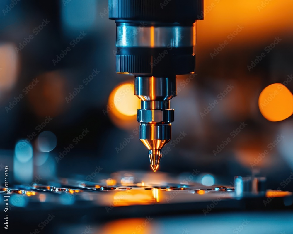 Aufkleber close-up of a precision machine nozzle.