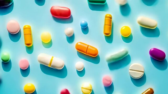 Vivid collection of various pills and capsules scattered on a blue surface. The display suggests themes of healthcare and medication management in a simplified visual context.