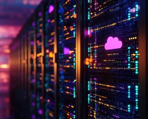 Colorful server room with digital data display