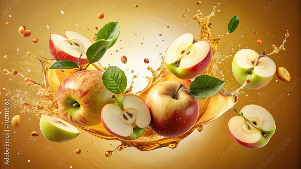 Poster a splash of freshness sliced apples and leaves soaring through a golden liquid wave