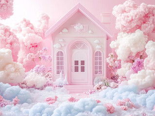 A cute house made of pastel colors, surrounded by clouds, balloon and flowers.