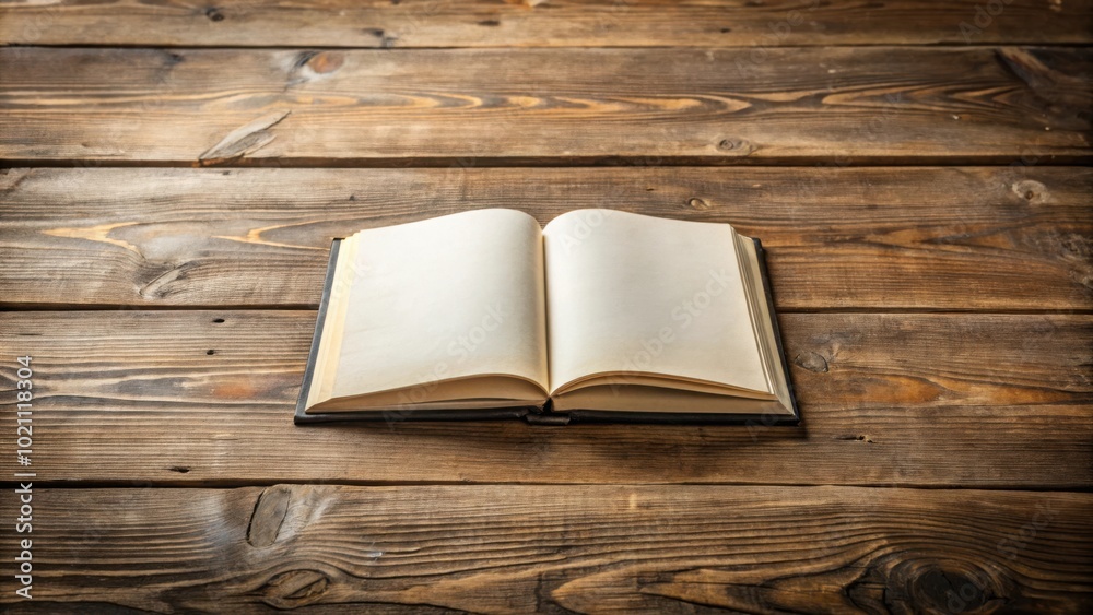 Aufkleber an open book resting on a weathered wooden tabletop