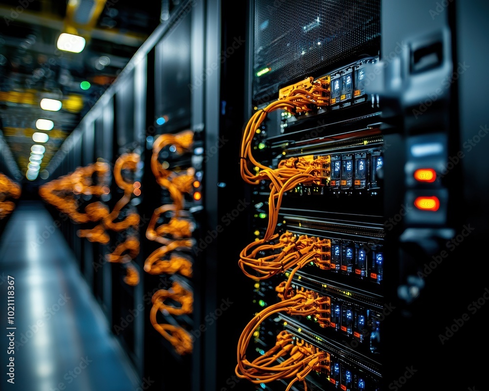 Aufkleber data center with server racks and cables