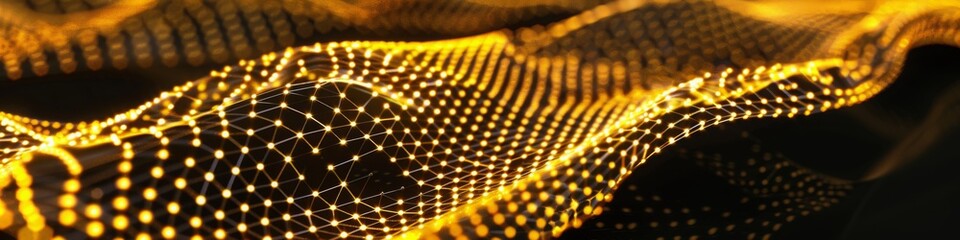 Naklejka premium Golden Mesh Network Structure background, for Technology and Science Visuals, data transfer network visualization, advanced computing blockchain, AI, nanotechnology. 