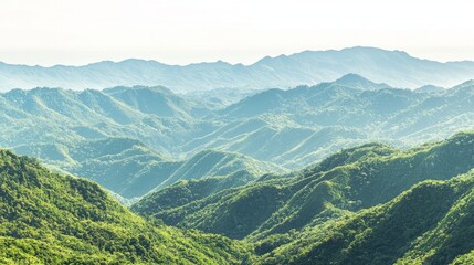 Fototapeta premium Serene Beauty of Unseen Thailand: Stunning Mountain Vista with Layers of Green Hills and Valleys Stretching into the Horizon